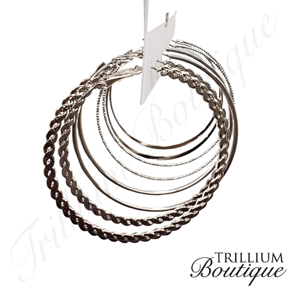 BP 3-Pack Hoop Earrings Silver Jewelry 2" Drop High Shine Finish - Picture 2 of 3